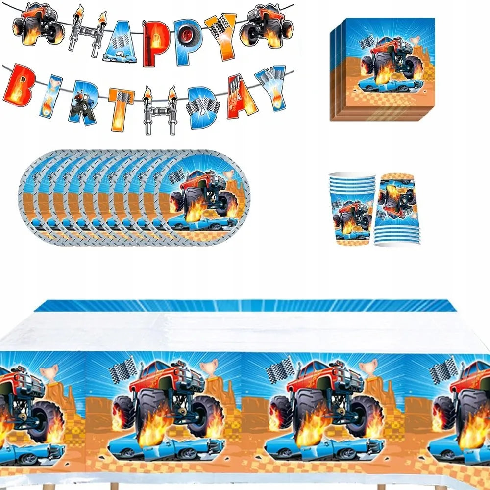 Monster Truck gimtadienio rinkinys 42 vnt. lėkštės, stiklinės, plakatas, staltiesė vakarėliui