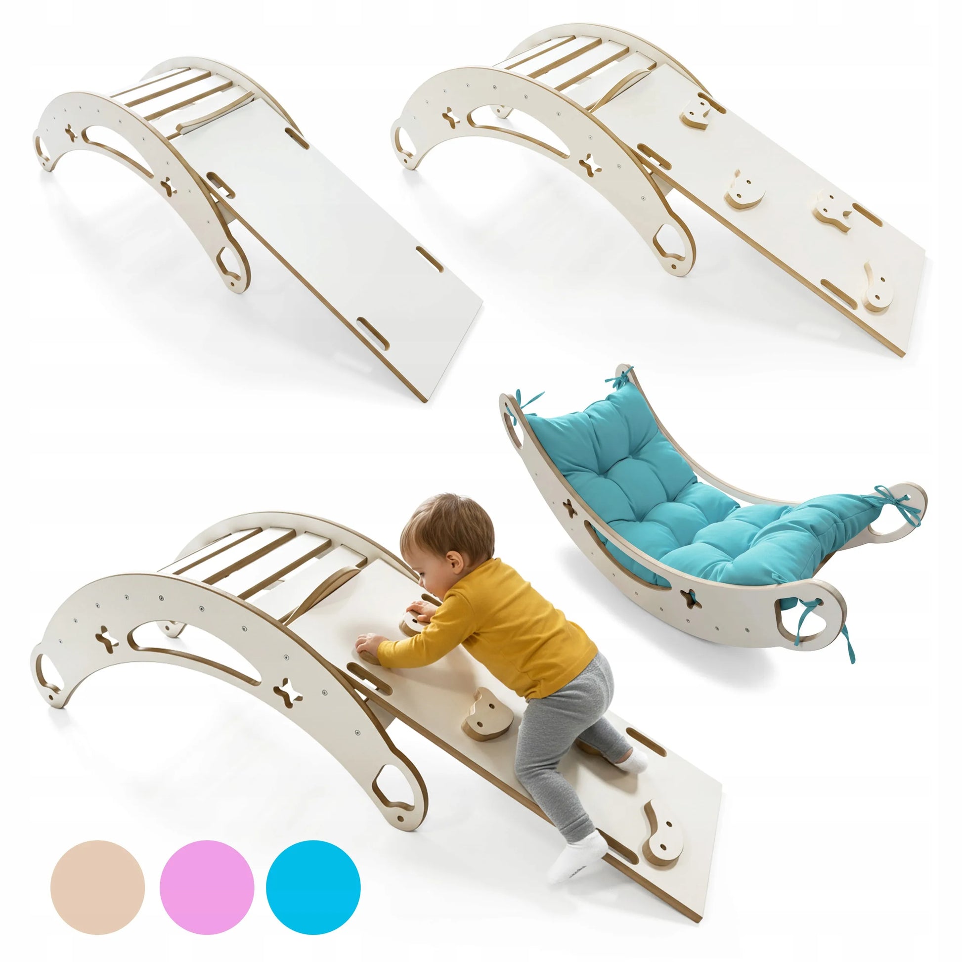 Montessori 3-in-1 supynės vaikams su pagalvėle, čiuožykla ir laipiojimo sienele, baltos