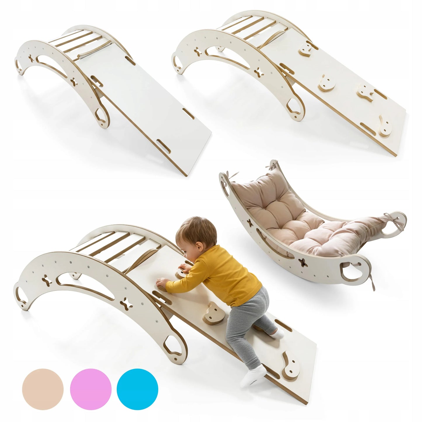 Montessori 3-in-1 supynės vaikams su pagalvėle, čiuožykla ir laipiojimo sienele, baltos
