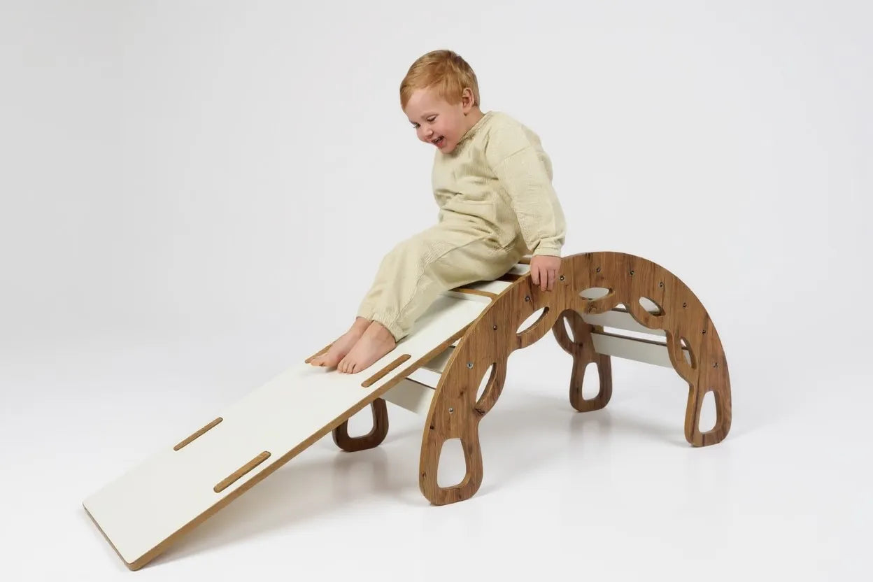 Montessori bujakas 3 viename su čiuožykla ir sienele Kids Helper BM-310, ąžuolo ir baltos spalvos