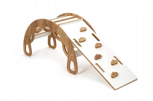 Montessori bujakas 3 viename su čiuožykla ir sienele Kids Helper BM-310, ąžuolo ir baltos spalvos