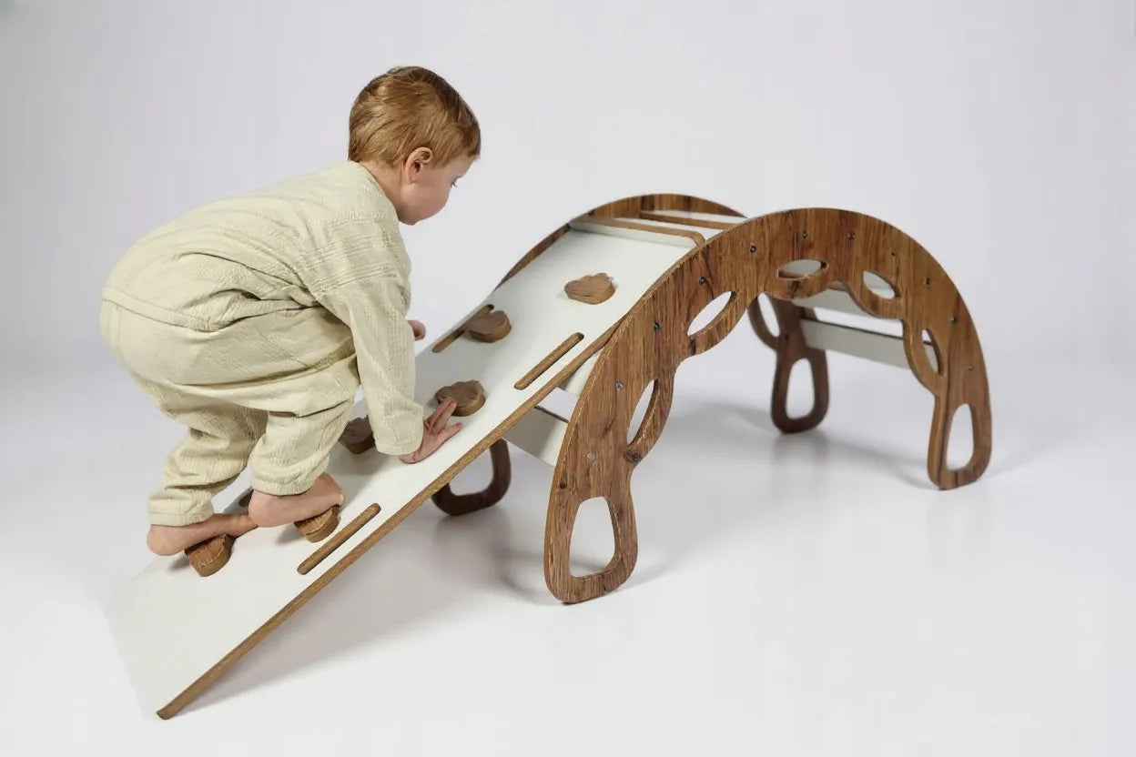 Montessori bujakas 3 viename su čiuožykla ir sienele Kids Helper BM-310, ąžuolo ir baltos spalvos