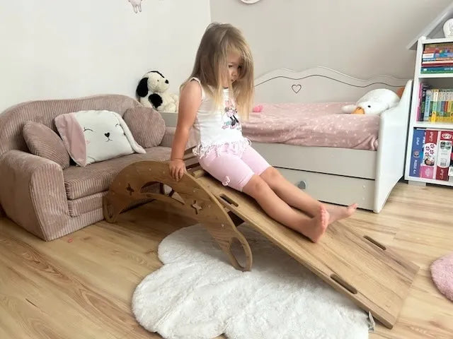 Montessori sūpynės 3in1 vaikams su pagalvėle, čiuožykla ir laipiojimo sienele, medžio stilius