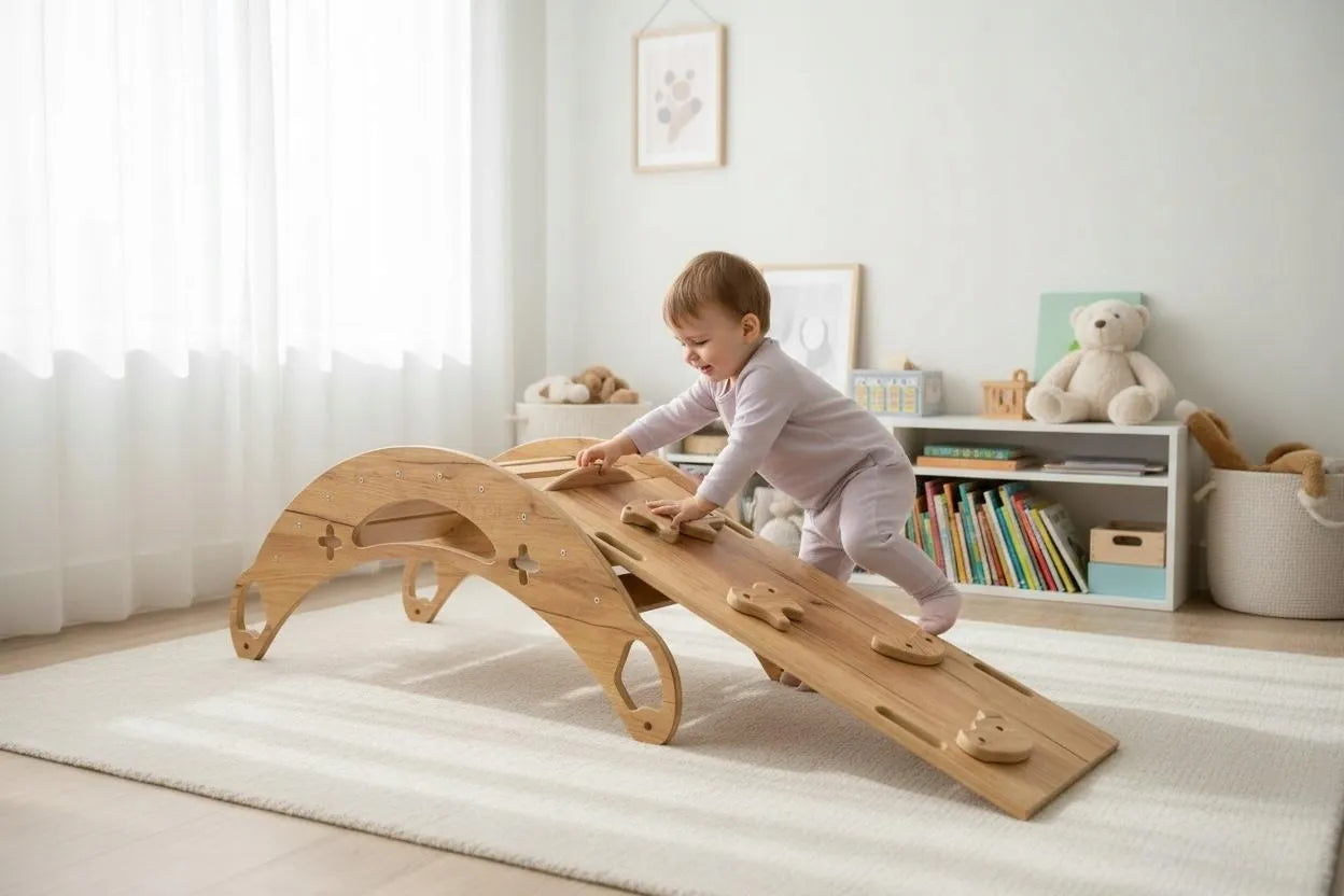 Montessori sūpynės 3in1 vaikams su pagalvėle, čiuožykla ir laipiojimo sienele, medžio stilius
