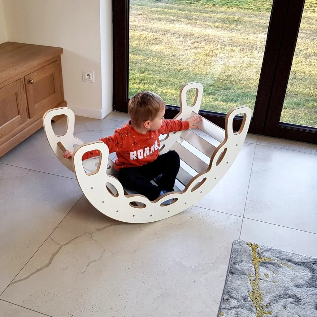 Montessori supynės 4 viename baltos spalvos + laipiojimo sienelė + pilka pagalvėlė Kids Helper