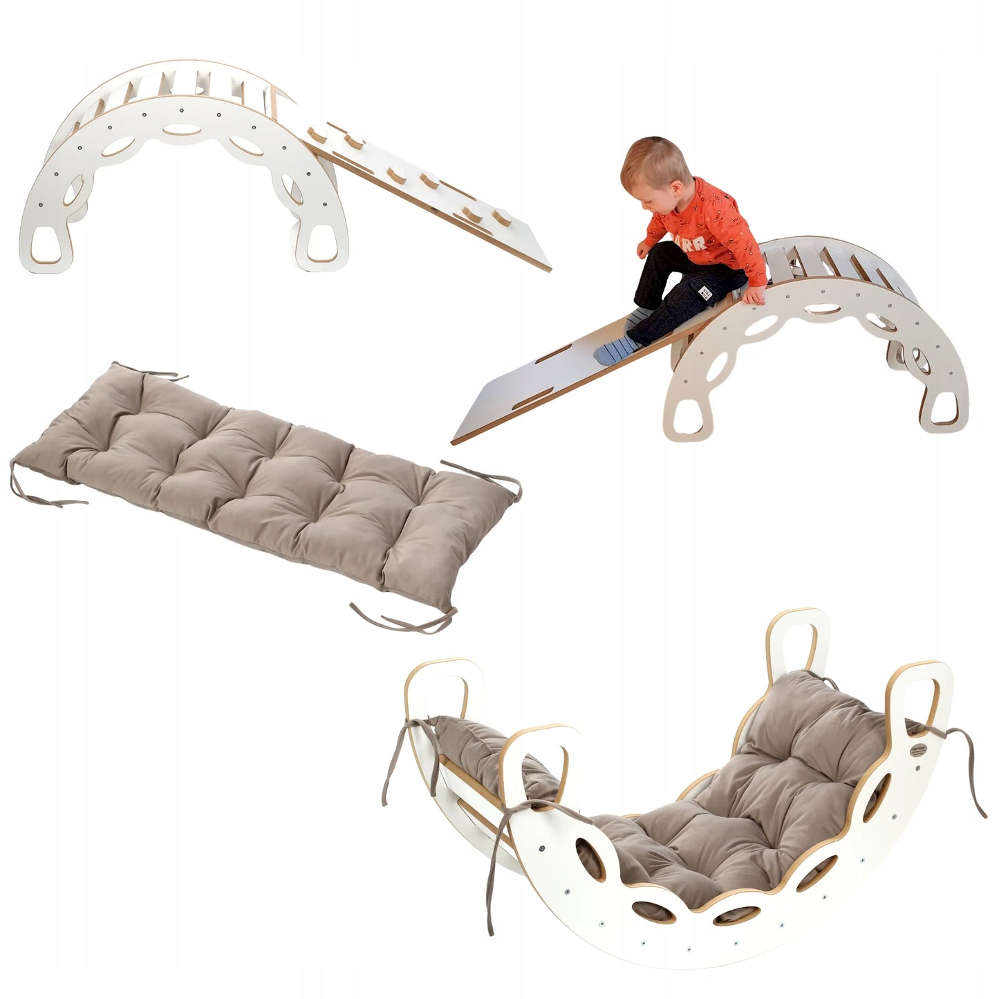 Montessori supynės 4 viename baltos spalvos + laipiojimo sienelė + pilka pagalvėlė Kids Helper
