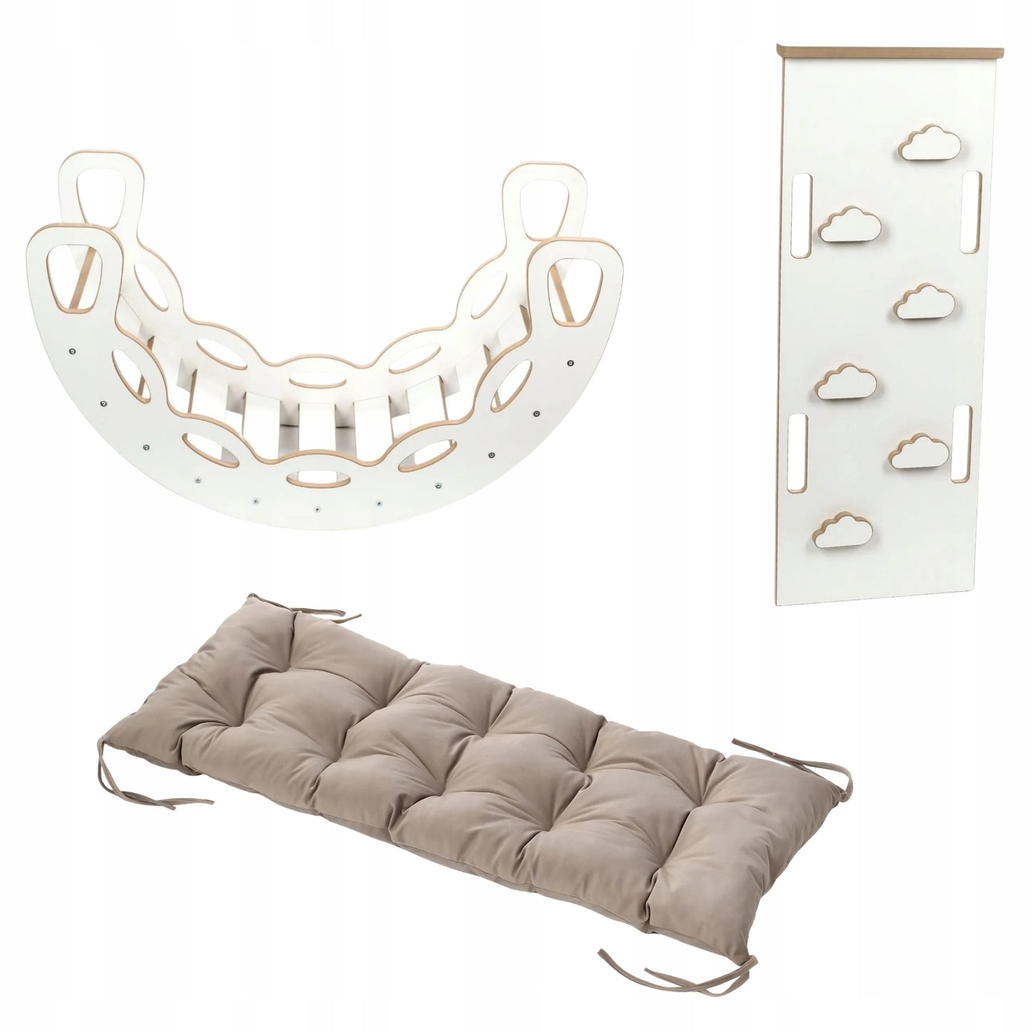 Montessori supynės 4 viename baltos spalvos + laipiojimo sienelė + pilka pagalvėlė Kids Helper