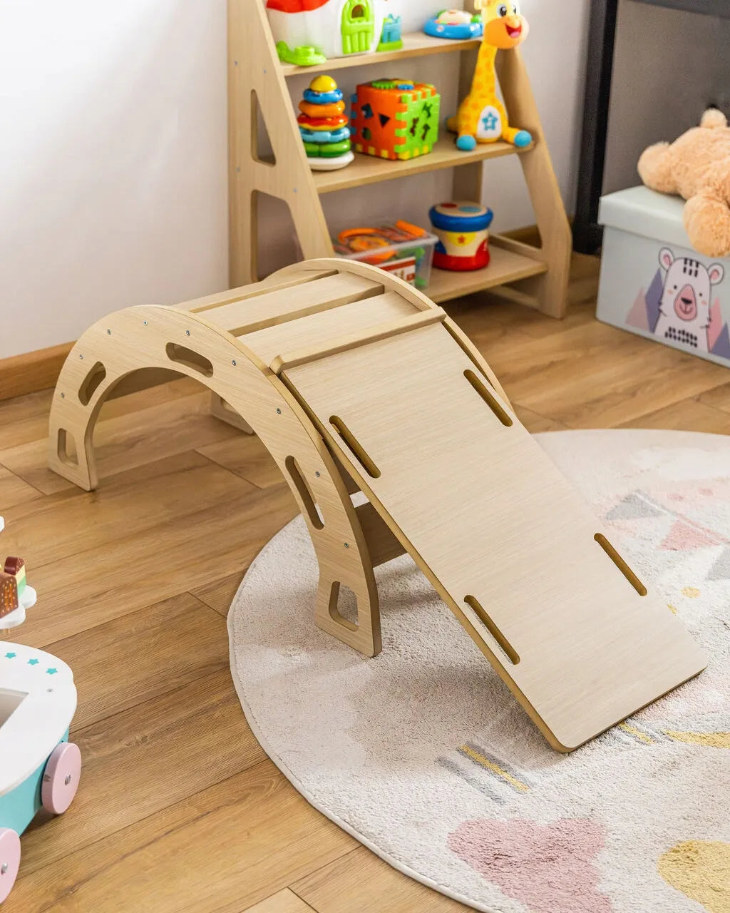 Obubu Montessori supynės ĄŽUOLO spalvos + čiuožykla su laipiojimo sienele + pagalvėlė