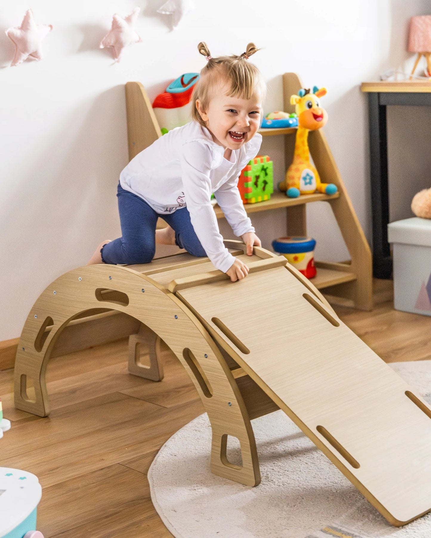 Obubu Montessori supynės ĄŽUOLO spalvos + čiuožykla su laipiojimo sienele + pagalvėlė