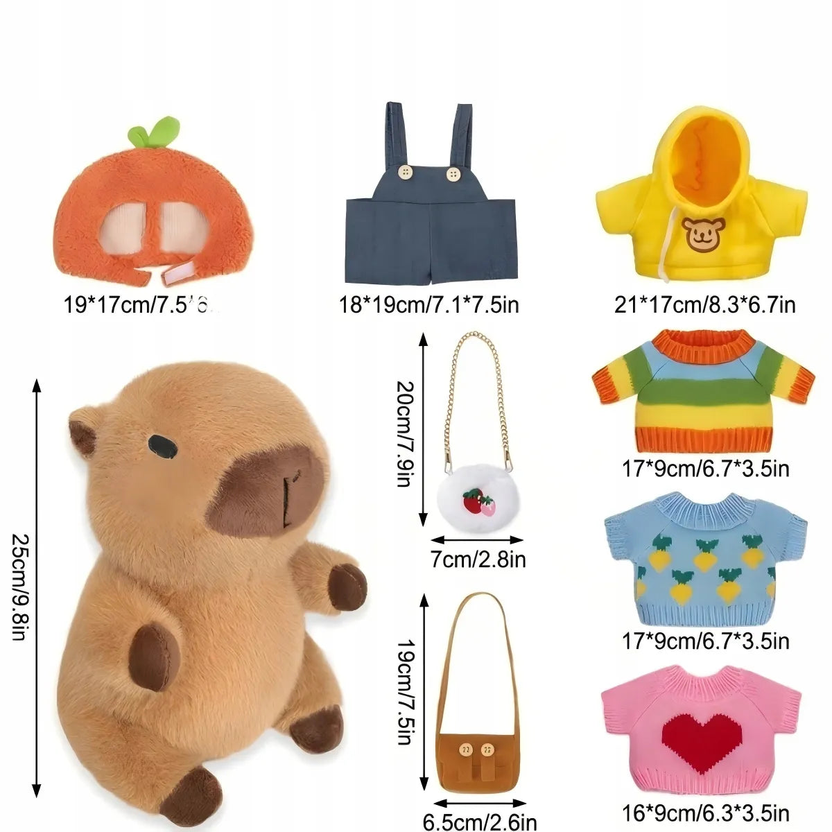 PLIUŠINIS KAPIBAROS ŽAISLAS SU STILINGAIS DRABUŽIAIS IR AKSESUARAIS, SPALVINGAS RINKINYS VAIKAMS, 25 CM