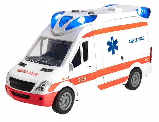 QULKI greitosios pagalbos automobilis su šviesomis, garsais, atidaromomis durelėmis ir neštuvais
