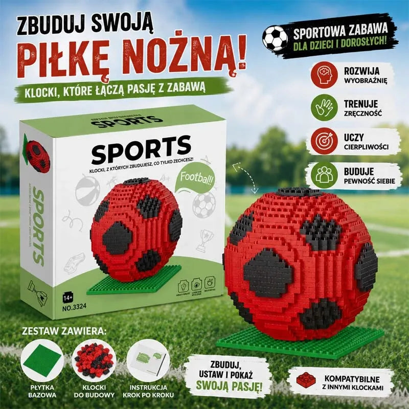 Raudonas ir juodas futbolo kamuolys iš „KLOCKI“ konstruktoriaus detalių – futbolo suvenyras, puiki dovana
