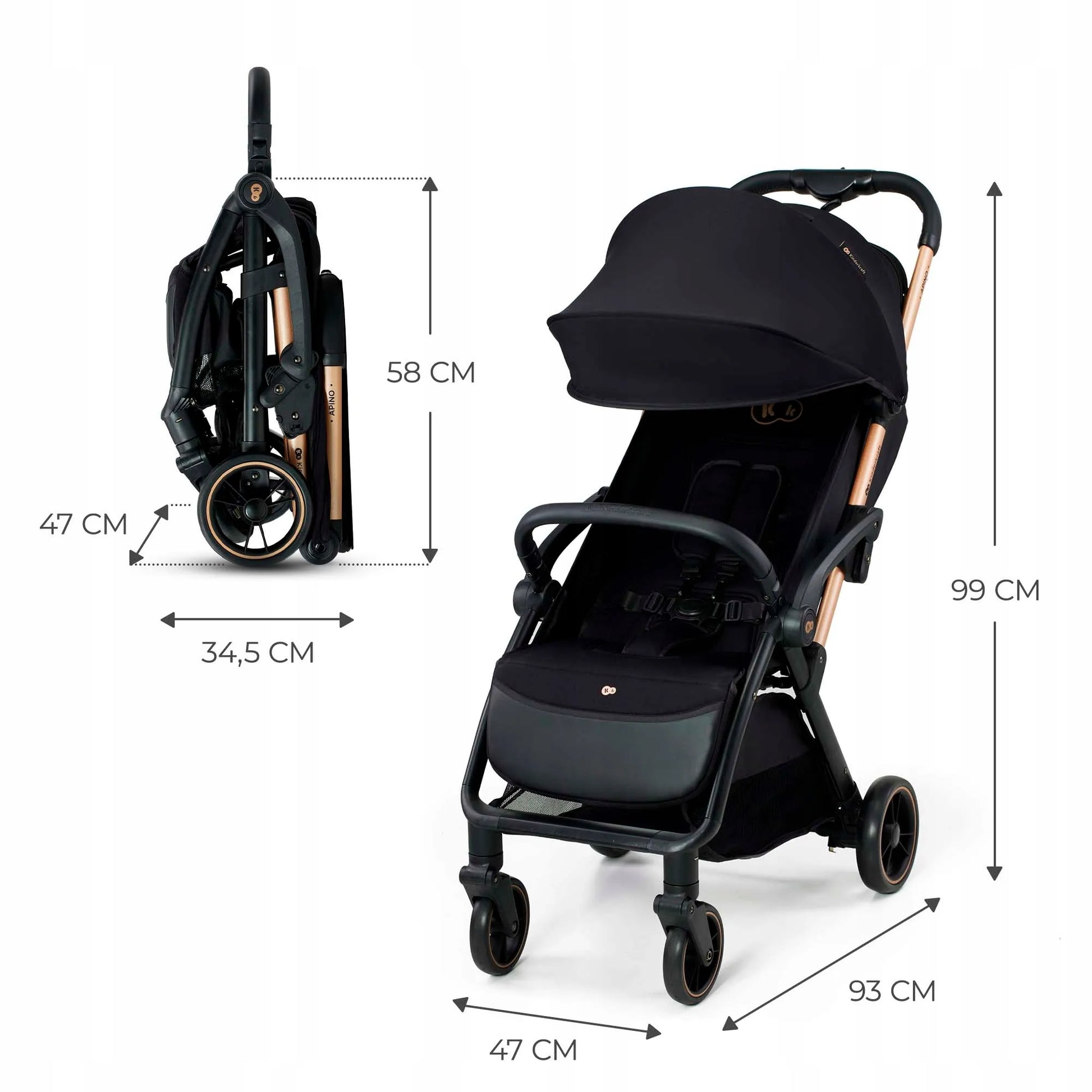 Sportinis vežimėlis Kinderkraft APINO 0-22 kg Lengvas sulankstomas Juodas