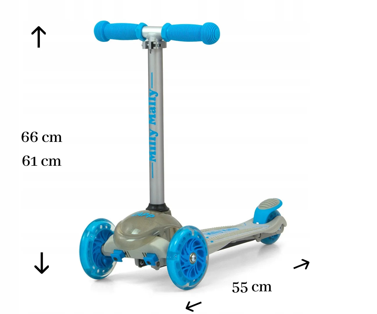 Triratukas vaikams Milly Mally Scooter LED ratukai iki 50 kg reguliuojamas stabdys