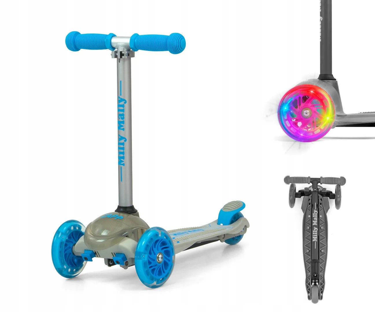 Triratukas vaikams Milly Mally Scooter LED ratukai iki 50 kg reguliuojamas stabdys