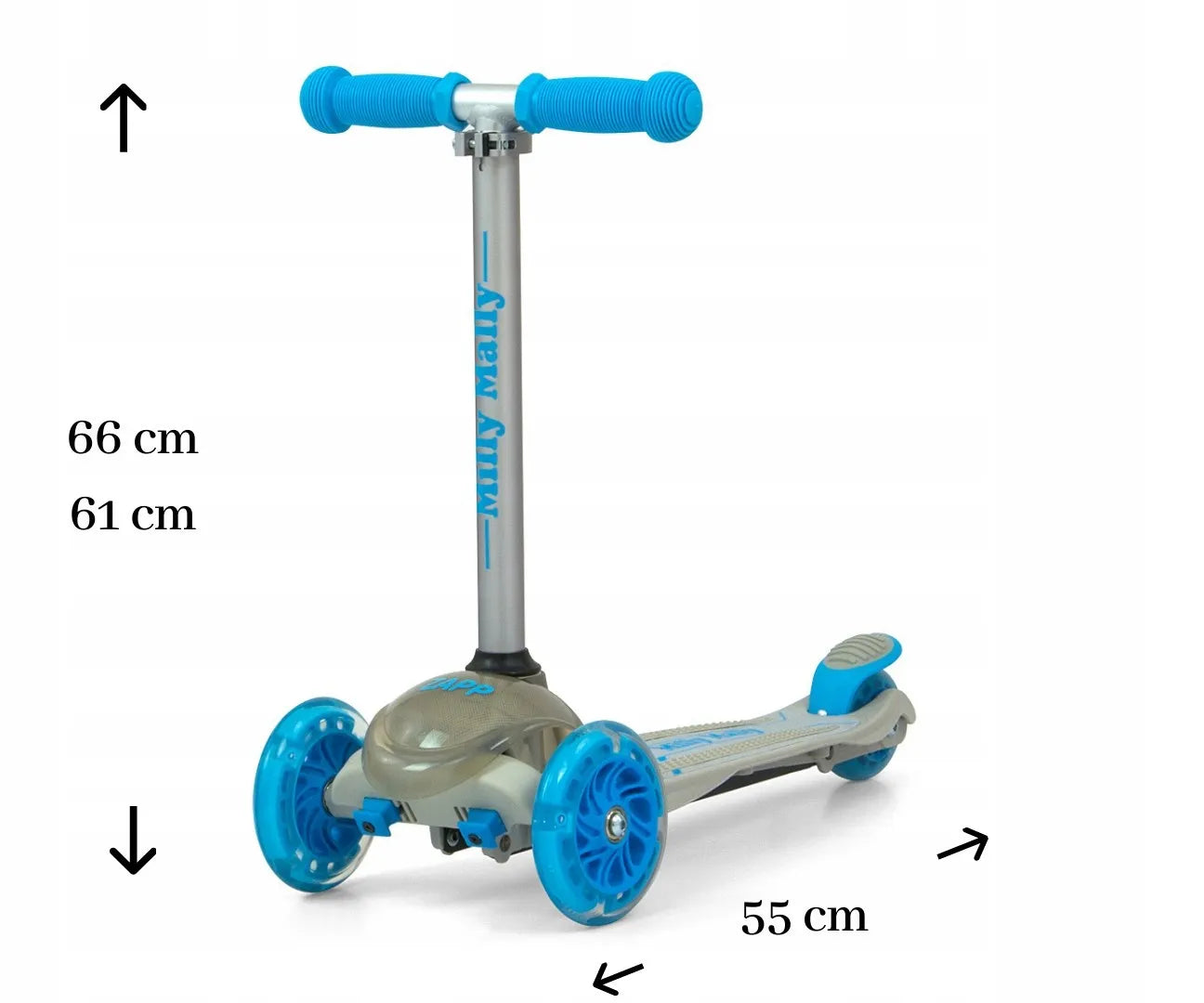 Triratukas vaikams Milly Mally Scooter LED ratukai iki 50 kg reguliuojamas stabdys