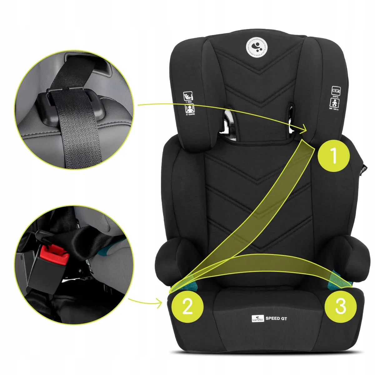 Vaikiška kėdutė Lorelli Speed GT I-SIZE ISOFIX 15-36 kg su paaukštinimu, juoda