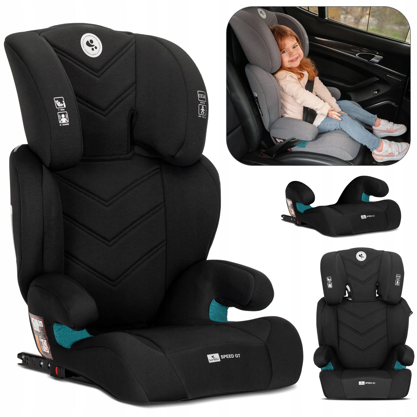 Vaikiška kėdutė Lorelli Speed GT I-SIZE ISOFIX 15-36 kg su paaukštinimu, juoda