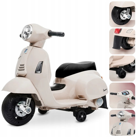 Vaikiškas akumuliatorinis paspirtukas motoroleris Vespa ecru
