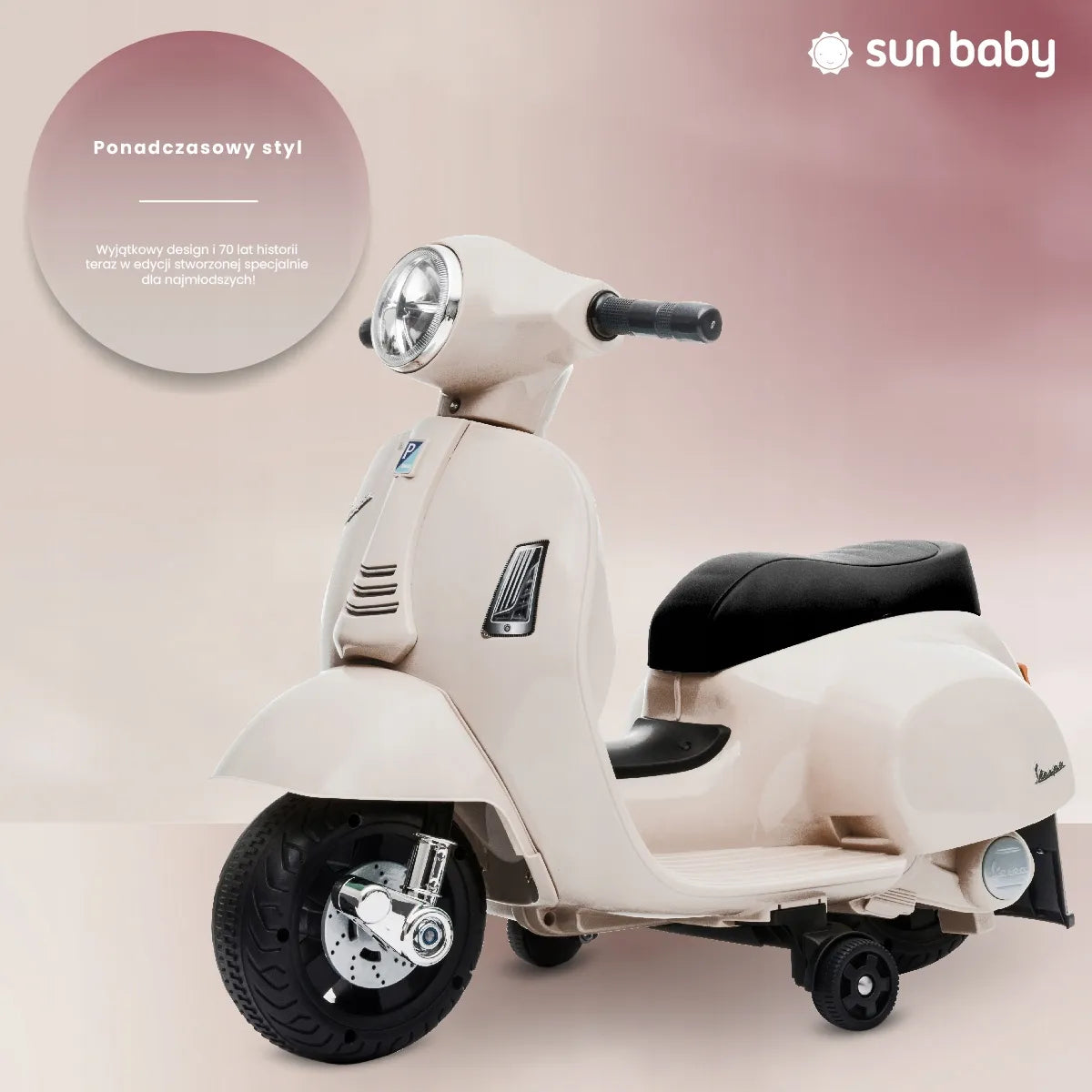 Vaikiškas akumuliatorinis paspirtukas motoroleris Vespa ecru