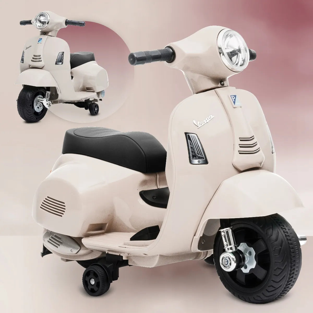 Vaikiškas akumuliatorinis paspirtukas motoroleris Vespa ecru