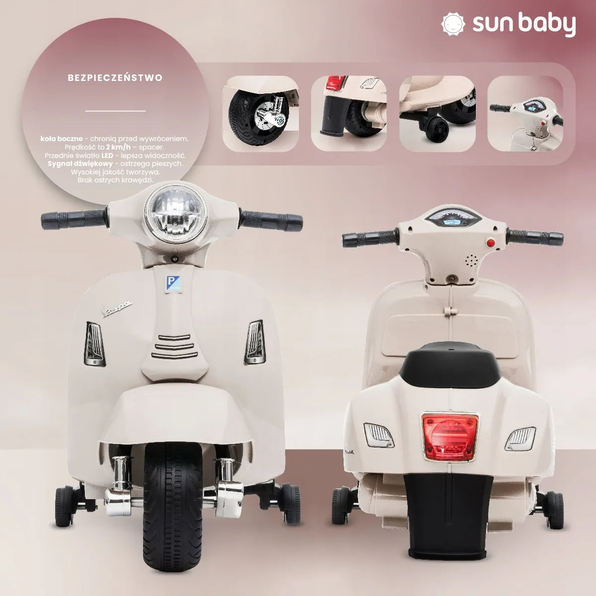 Vaikiškas akumuliatorinis paspirtukas motoroleris Vespa ecru
