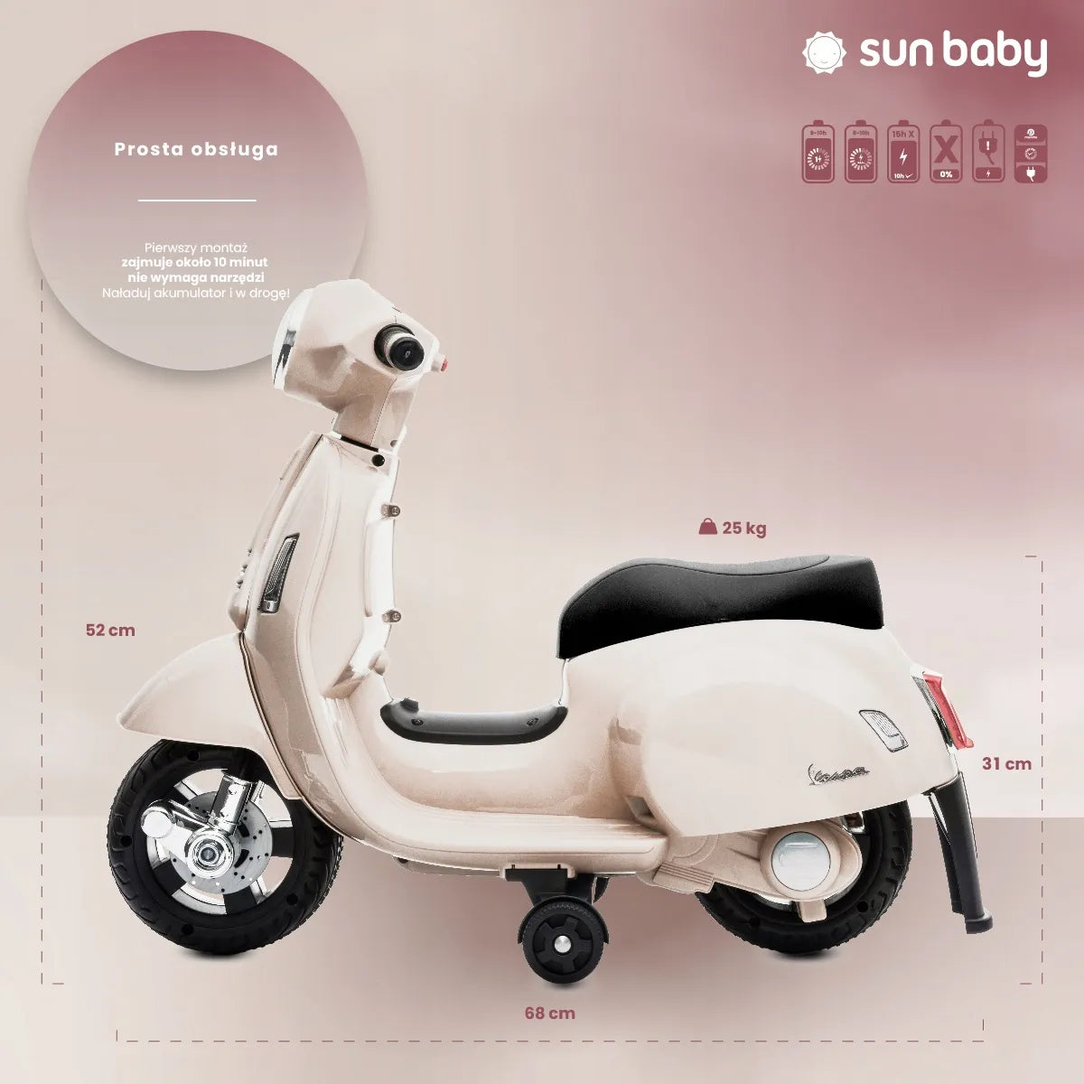 Vaikiškas akumuliatorinis paspirtukas motoroleris Vespa ecru