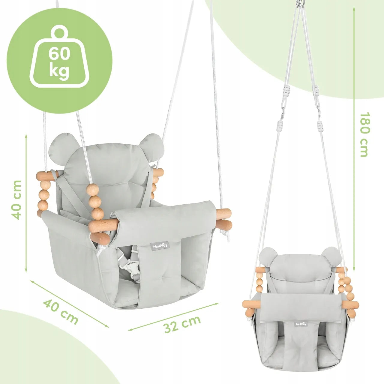 Vaikiškos MalPlay medvilninės sūpynės su pagalvėlėmis ir diržais 12-36 mėn. 60 kg