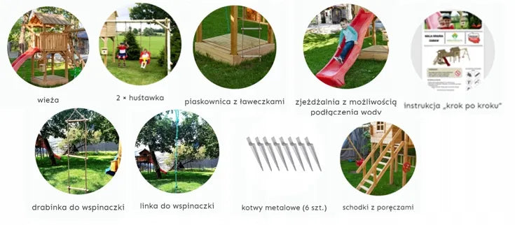 Vaikų žaidimų aikštelė su čiuožykla, nameliu, 2 sūpynėmis ir smėlio dėže CE + dovanos